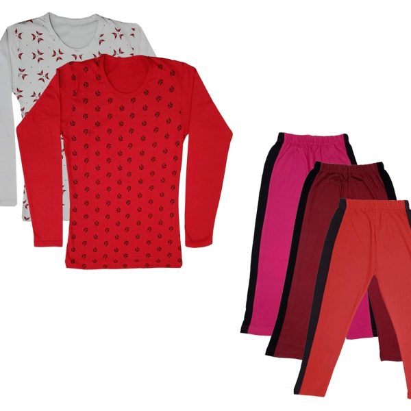IndiWeaves Girls Cotton Full Sleeve Printed T-Shirts and Cotton Capri 3/4 Pants (Magenta,Maroon,Red,White,Red,9-10 Years) Pack of 5