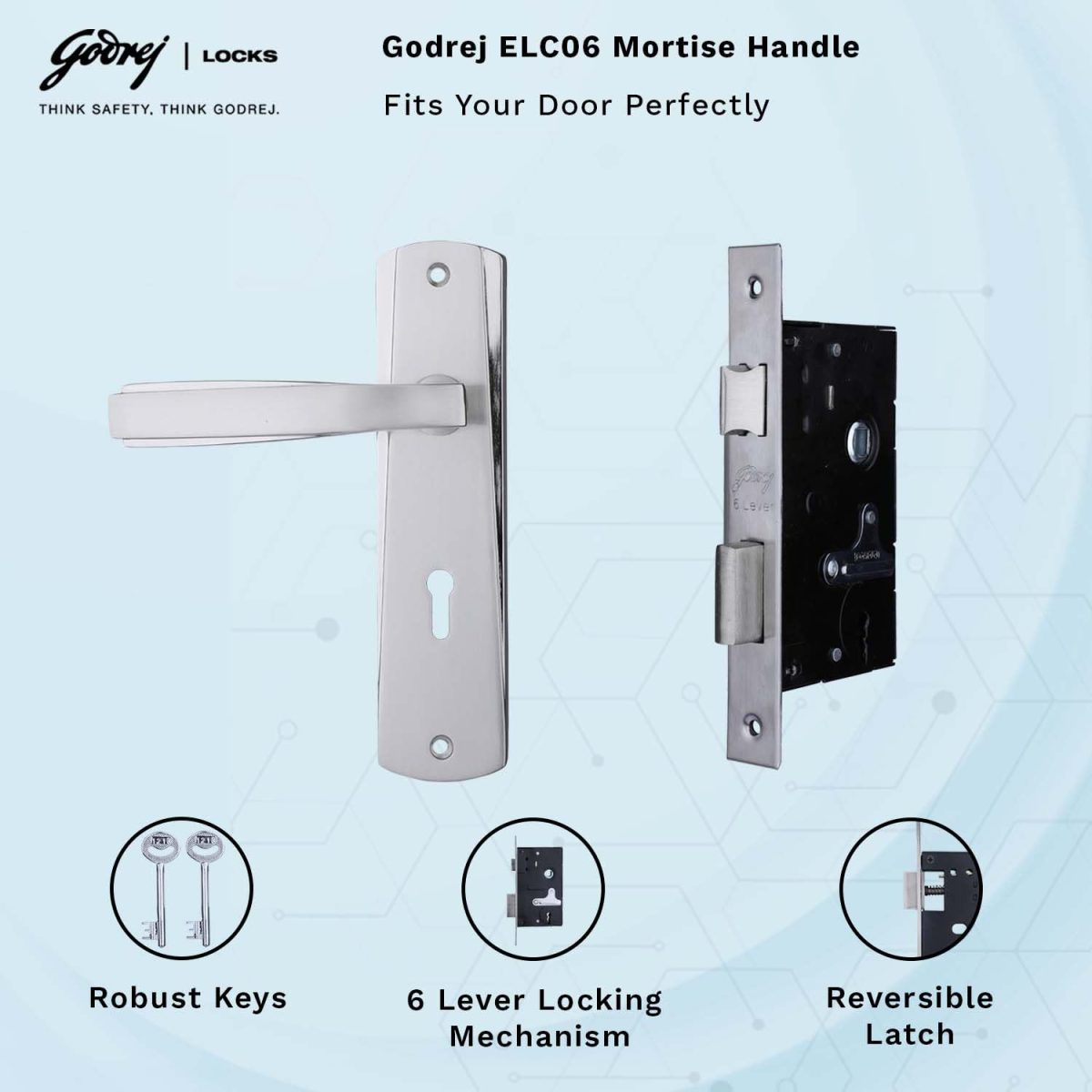 Godrej Mortise Door Lock Handle Set | 175mm ELC 06 | 6-Lever Locking Mechanism | Suitable for Doors (Satin Steel Finish) | 1 Years Warranty - Image 3