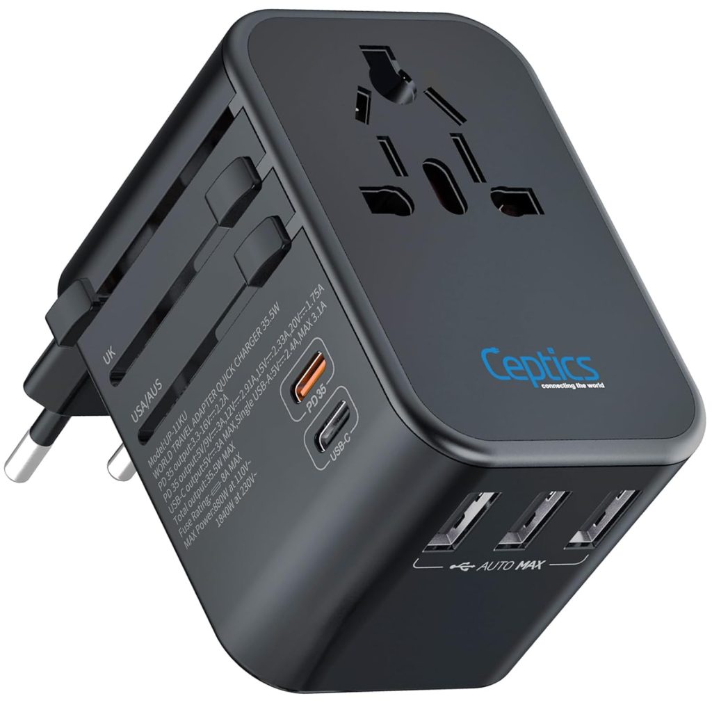 Ceptics Universal Charger Adapter, 35W 6 in 1 International Travel Adapter, Universal Plug Socket with 10 Years Warranty, PD/QC 3.0, 1x USB-C, 3 USB Fast Charging, Worldwide Travel Adapters.