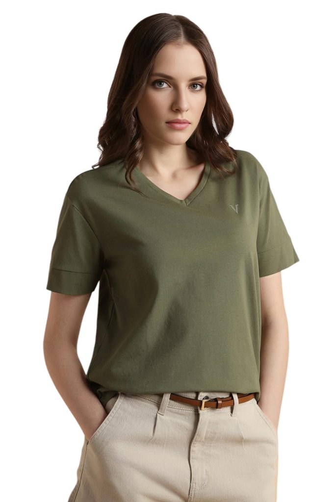 Van Heusen Women's Cotton Regular Fit Half Sleeve V-Neck Casual T-Shirt