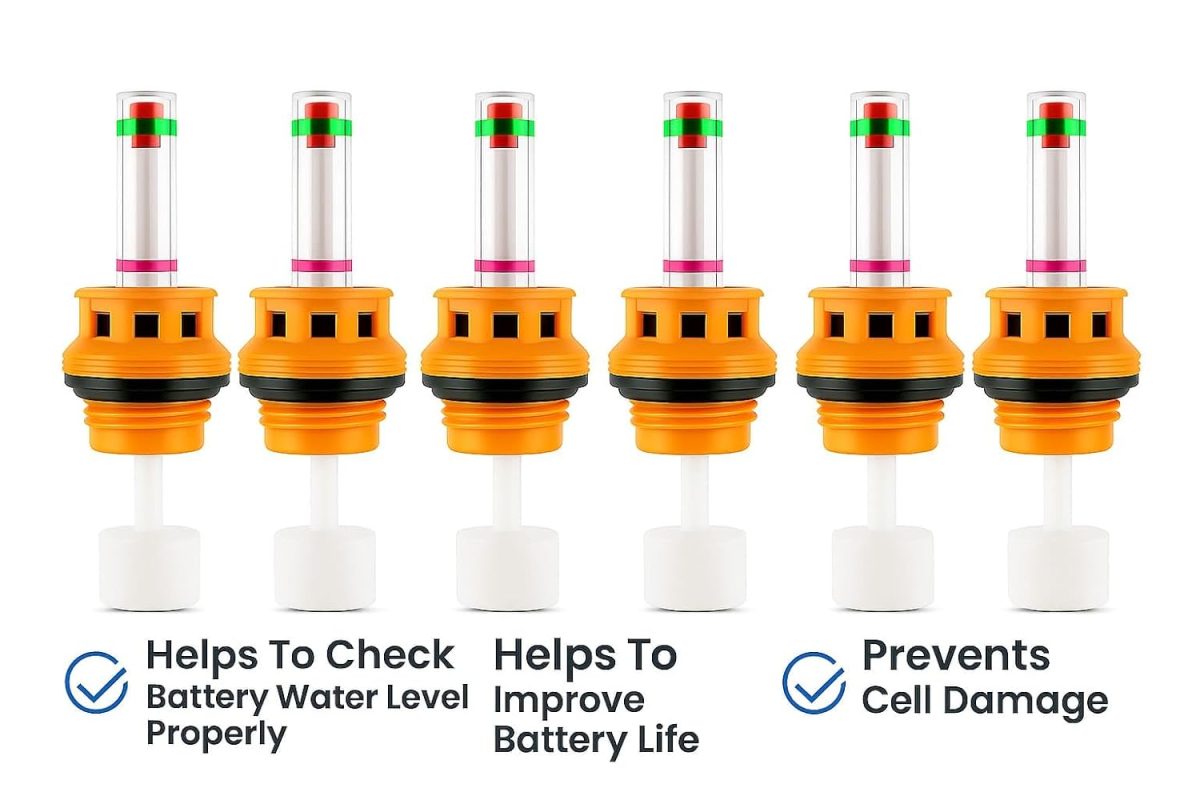 Exide Battery Compatible [NOT for Other Batteries] Inverter Battery Water Level Float Indicator Cap Set with Fumes Filtration - 1 Set of 6 Pieces for 1 Battery (Yellow-27 mm) - Image 2