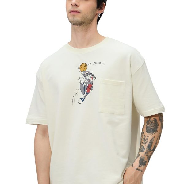 The Souled Store Looney Tunes: Bugs Ball Men and Boys Short Sleeves Round Neck White Graphic Printed Cotton Oversized T-Shirts