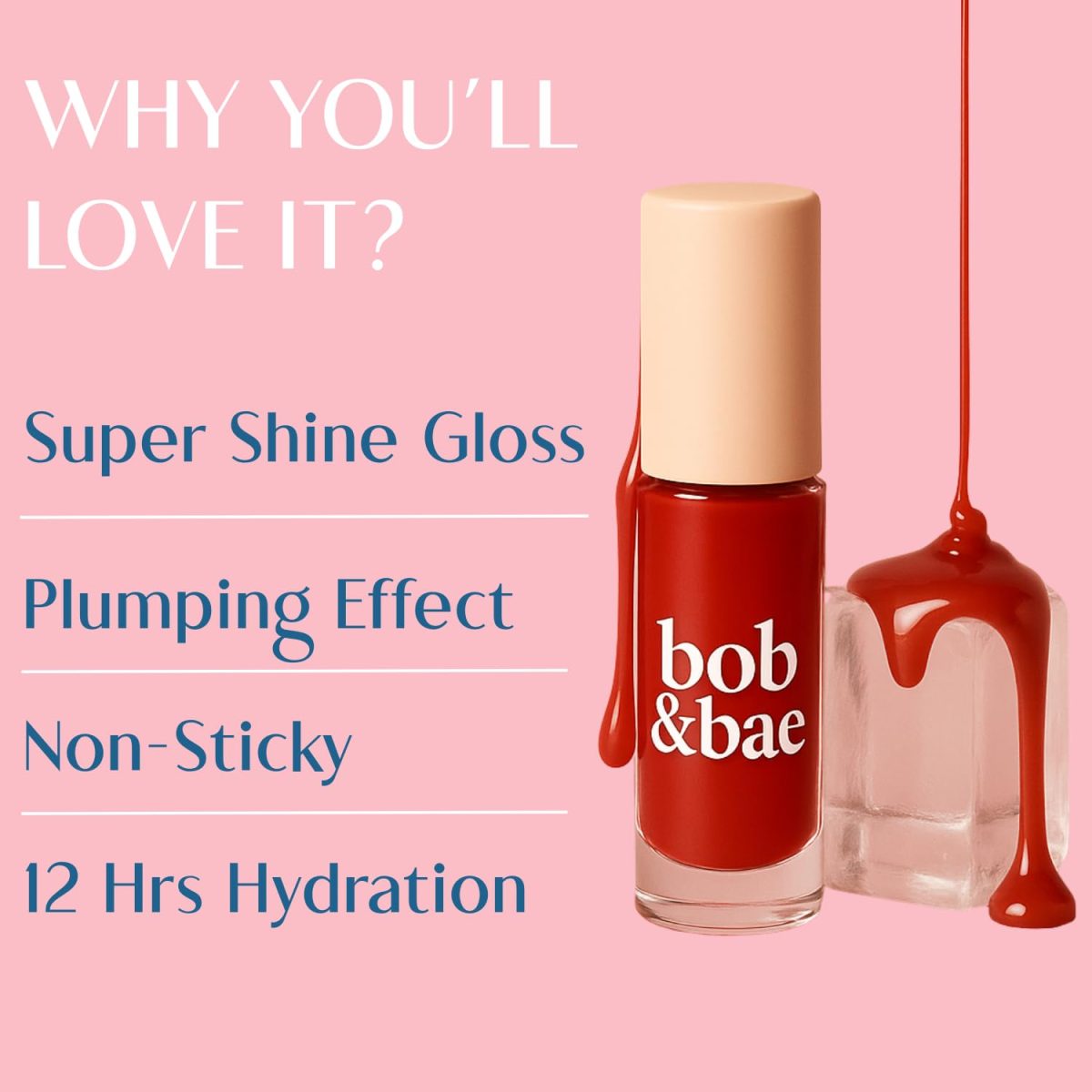 Bob & Bae Lip Gloss - Super Shine & Non-Sticky, with Subtle Tint, Hydrates, Nourishes & Protects Lips with Hyluronic Acid, Plumping Effect, Enriched with Niacinamide,Vegan, 2 Ml (Berrylicious) - Image 2