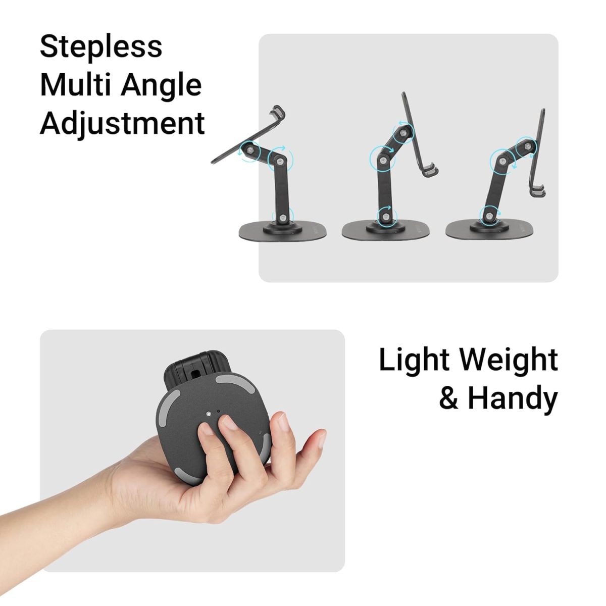 ZEBRONICS MTS200, Foldable Mobile Holder, Upto 9.6 inches, 360° Rotatable, Stepless Multi Angle Adjustment, Anti-Skid Base & Resting pad, Lightweight & Handy, Compatible with Mobile & Tablet (Black) - Image 6