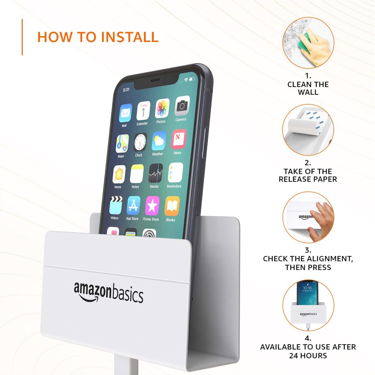 amazon basics Wall Mounted Mobile Holder Storage Case for Phones with Strong Adhesive Strips,Wall Mount Mobile Stand/Multi Purpose Stand with Hole for Phone Charging (White) - Image 8