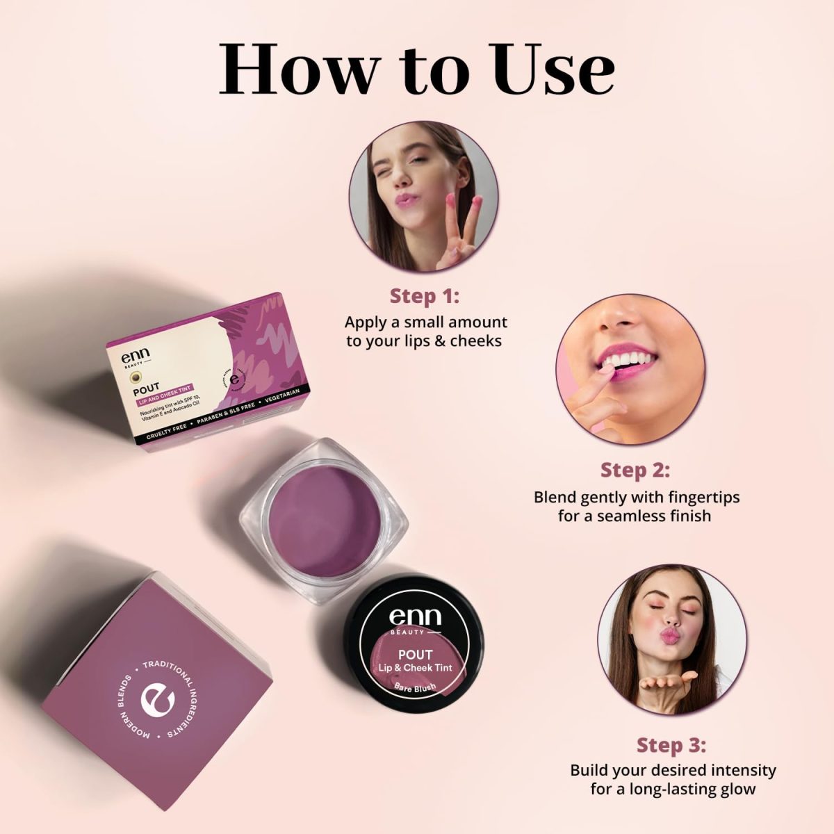 Enn Beauty Pout Lip, Cheek & Eyeshadow Tint with SPF 10 withThe Goodness of Jojoba & Avocado Oil, Natural Blush for Women, Long Lasting, Sls & Paraben Free - Bare Blush, 5gm - Image 5