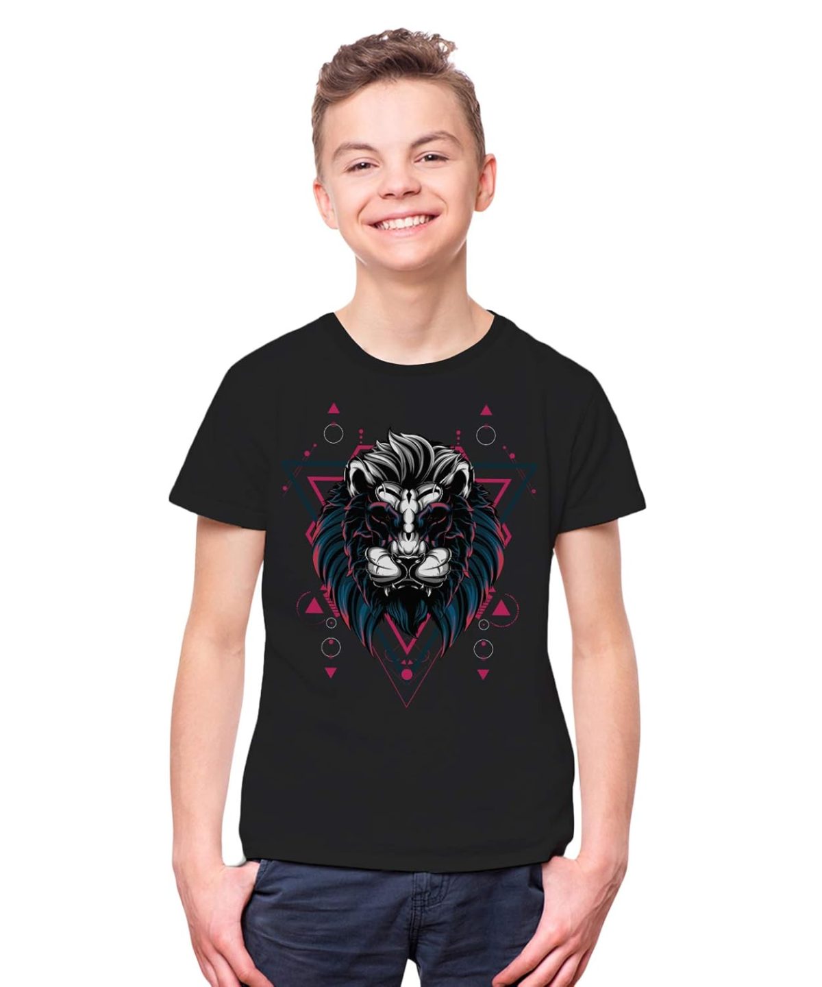THREADCURRY Mythical Lion | Psychedelic Music Party Holiday Fun Cotton Graphic Printed Tshirt for Boys Black