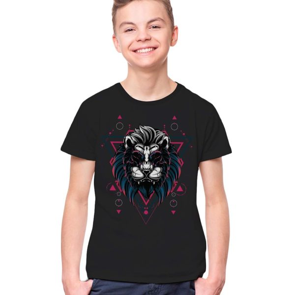THREADCURRY Mythical Lion | Psychedelic Music Party Holiday Fun Cotton Graphic Printed Tshirt for Boys Black