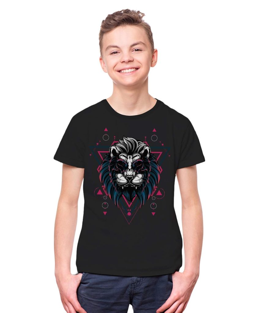 THREADCURRY Mythical Lion | Psychedelic Music Party Holiday Fun Cotton Graphic Printed Tshirt for Boys Black