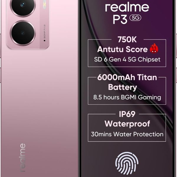 realme P3 5G with 6.67″ FHD+ 120Hz AMOLED Display (8 GB RAM, 128 GB ROM) Nebula Pink