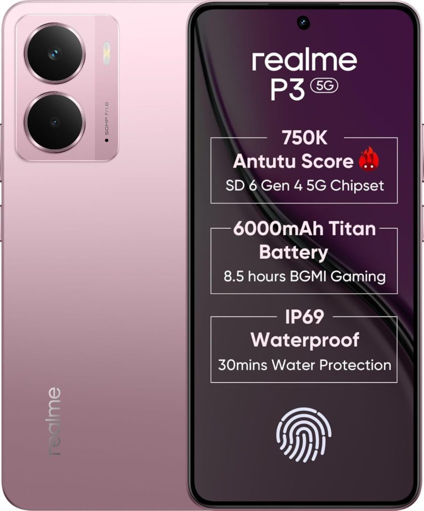 realme P3 5G with 6.67″ FHD+ 120Hz AMOLED Display (8 GB RAM, 128 GB ROM) Nebula Pink