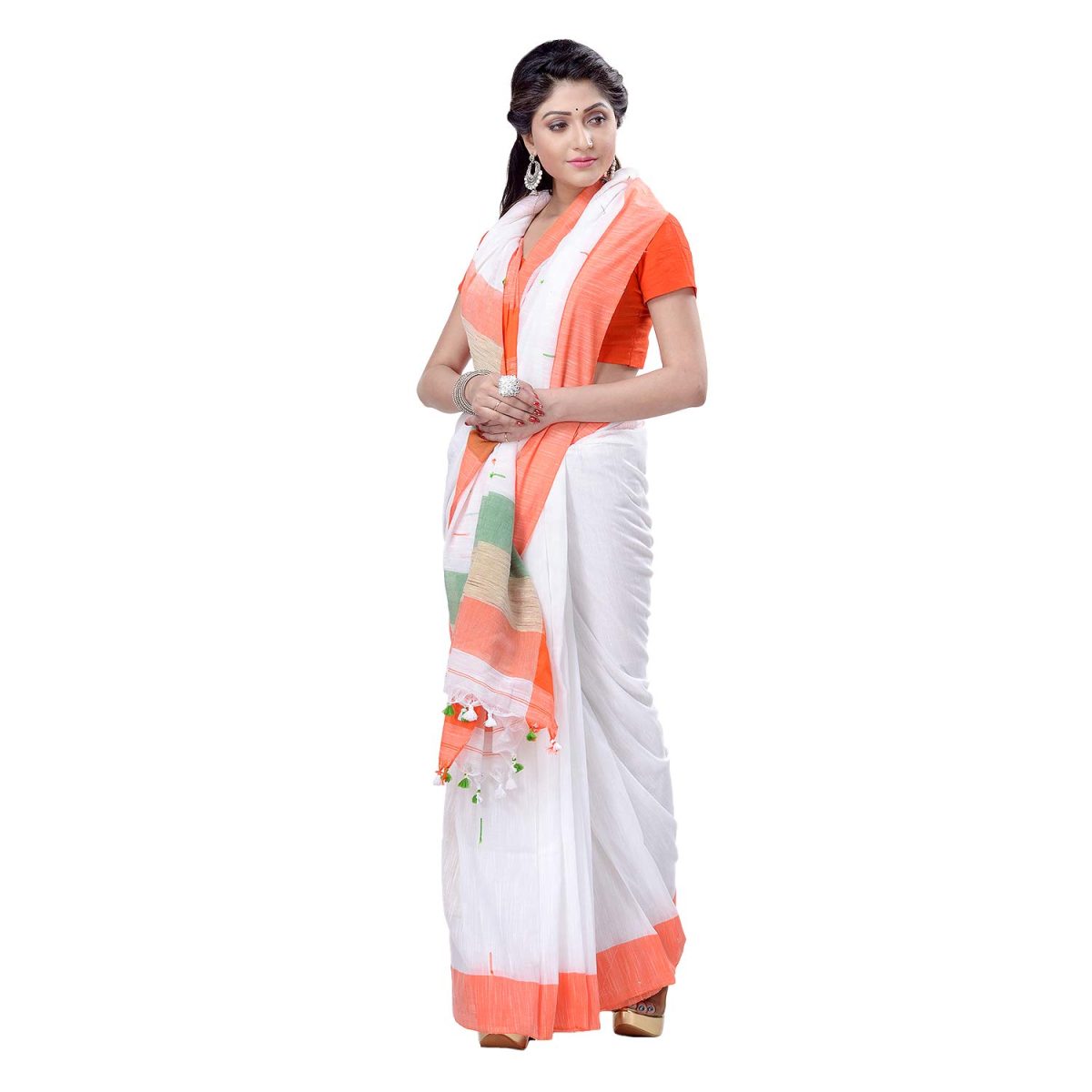 dB DESH BIDESH Women's Tri Color Pure Cotton Handloom Saree With Blouse Piece (Independance Day Saree Orange White Green) - Image 6