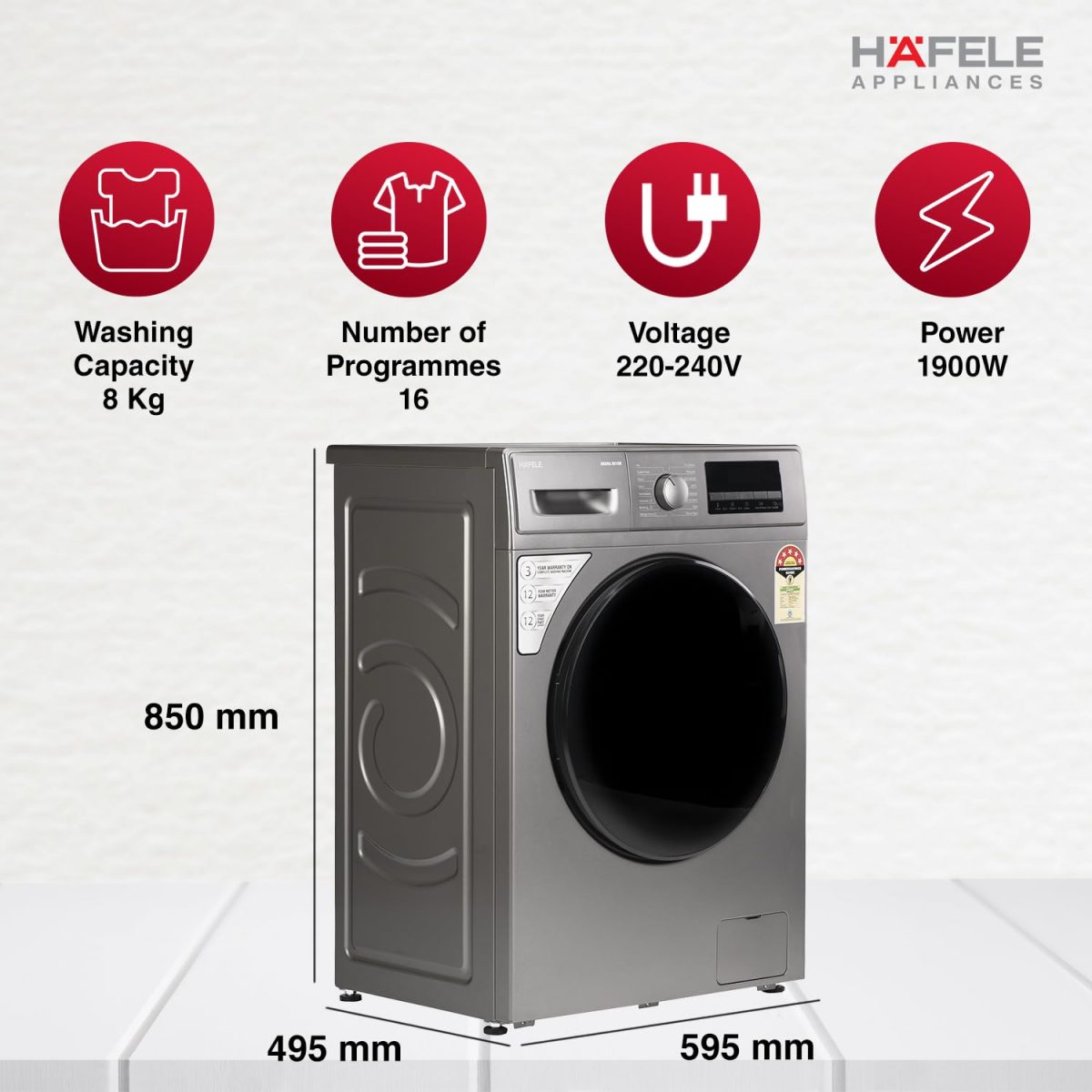 HAFELE AMARA 8 kg 5 Star, Premium Fully Automatic Front-Load washing machine engineered using German technology, comes with Steam Shield and Hexa Wash Design - Image 3