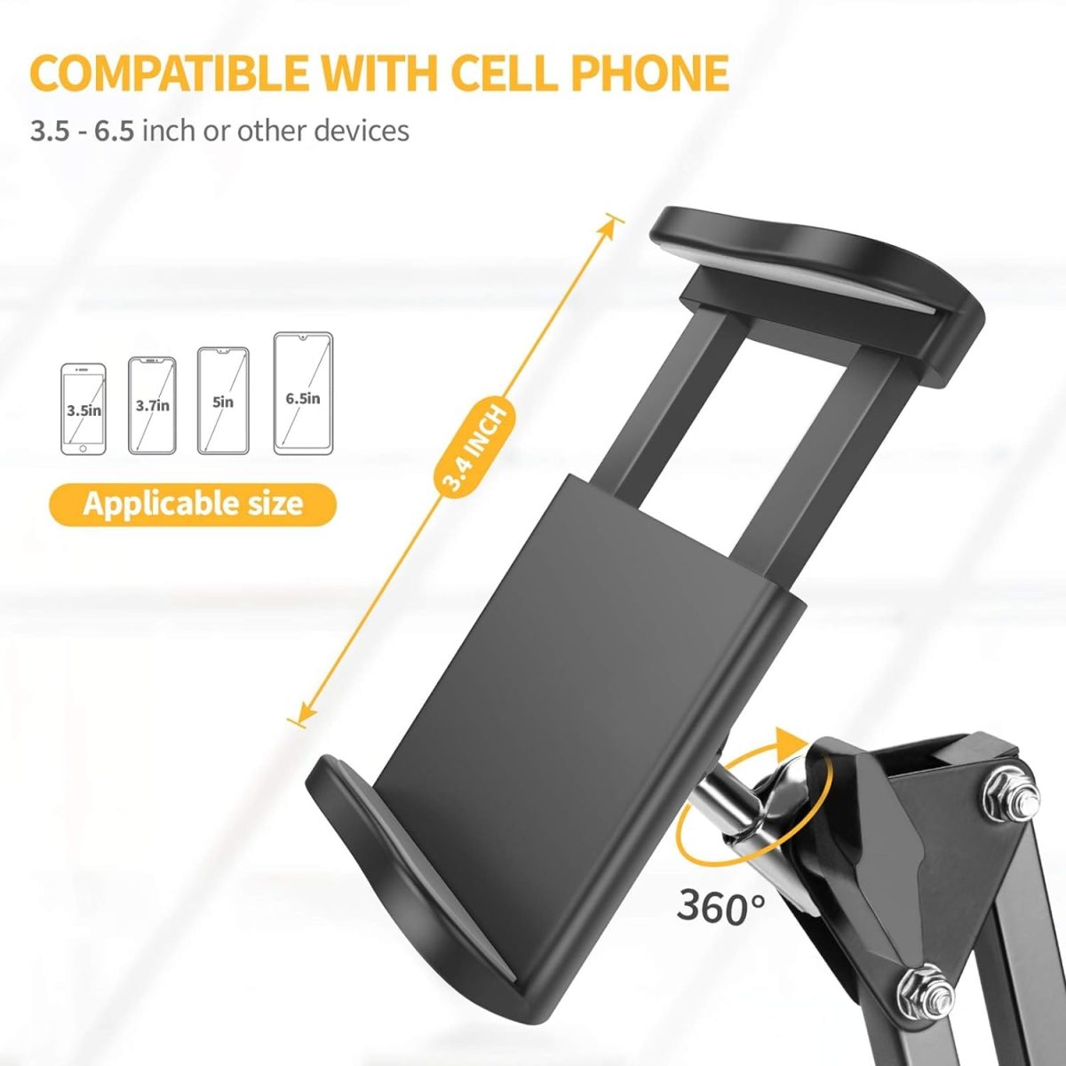 Sounce Lightweight Tabletop Stand Phone Holder, Metal Long Lazy Arm and Bracket for All Mobile for Video Recording, Streaming Video, Office, Compatible Upto 4-7 Inches [Black] - Image 2