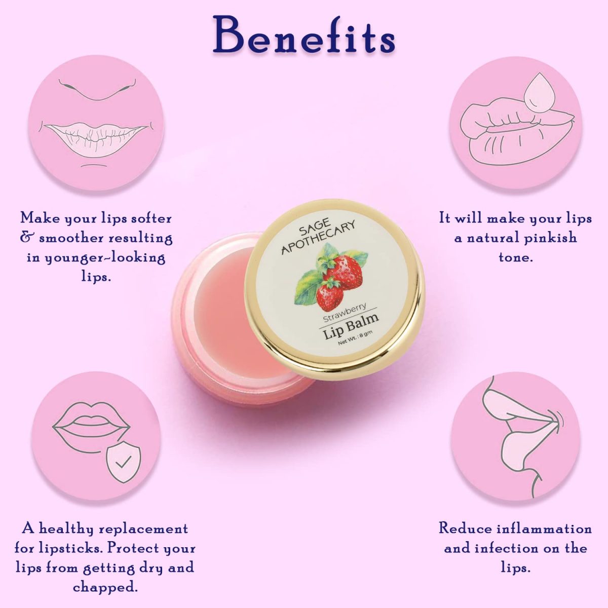 Sage Apothecary Super Soft Strawberry Lip Balm with Benefits of Natural Ingredients for Women Dark Lips to Lighten | Provides Moisture to Dry Lips | Suitable for Men & Women | Pack of 8 gm - Image 3
