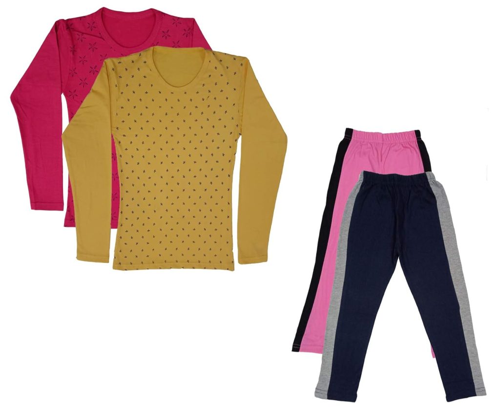 IndiWeaves Girls Cotton Full Sleeve Printed T-Shirts and Cotton Capri 3/4 Pants (Pink,Navy Blue,Magenta,Yellow) Pack of 4