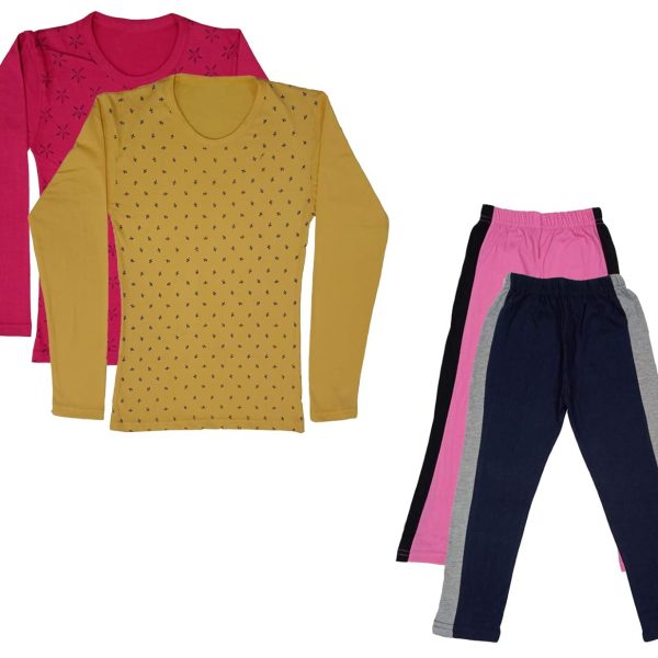 IndiWeaves Girls Cotton Full Sleeve Printed T-Shirts and Cotton Capri 3/4 Pants (Pink,Navy Blue,Magenta,Yellow) Pack of 4