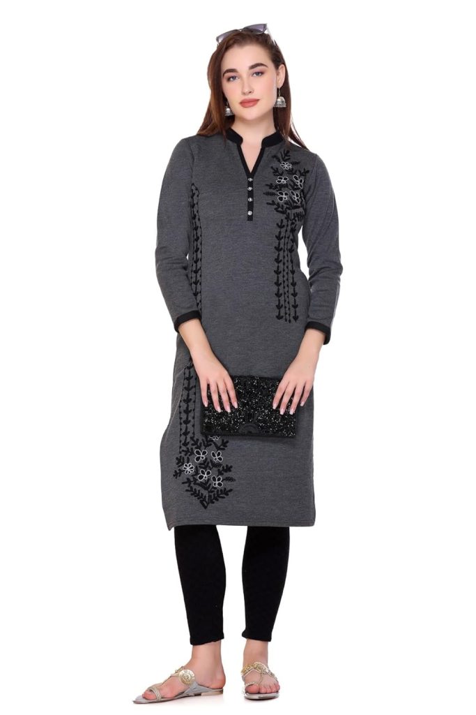 Rosary Women's Embroidered Woolen Kurti with Pockets | Warm Full Sleeve Winter Wear | Elegant Design