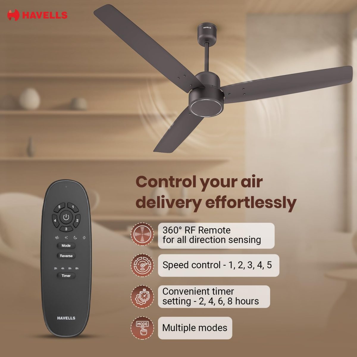 Havells FAB BLDC Ceiling Fan 1200mm, 350 RPM, Savings upto 65%, Reverse Rotation, 4 Modes (Boost, Sleep, Breeze, Mop), Low Wattage 30W, Low Noise, Air Flow:225 CMM, 3 Year Warranty, Cocoa Brown - Image 2