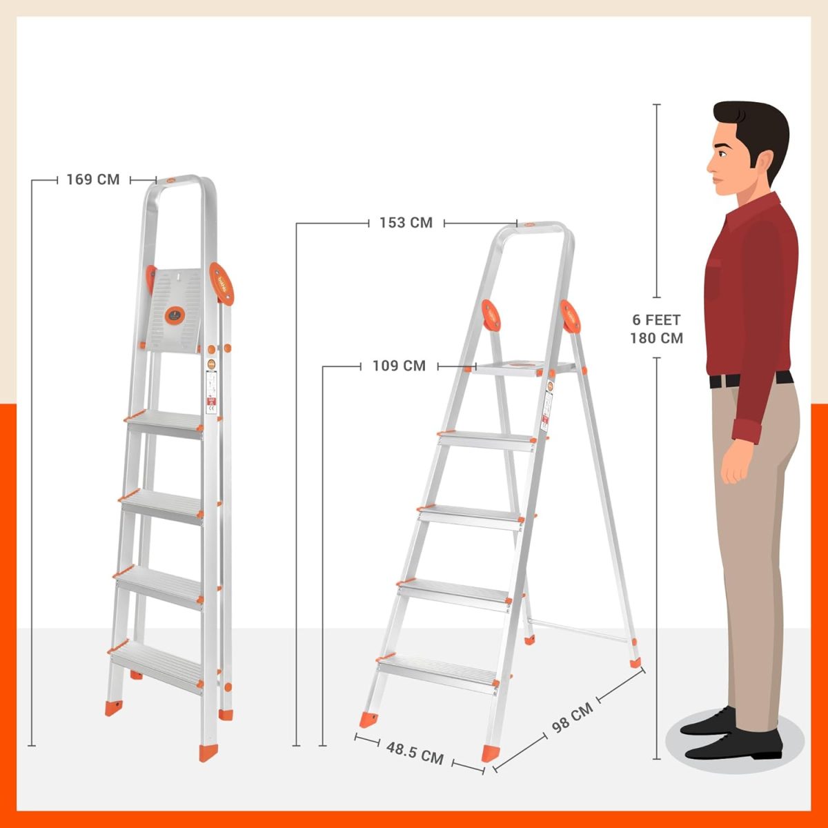 Bathla Advance 5-Step Foldable Aluminium Ladder for Home | Heavy Duty & Anti-Slip Steps | 5 Year Manufacturer Warranty | with Sure-Hinge Technology (Orange) - Image 3