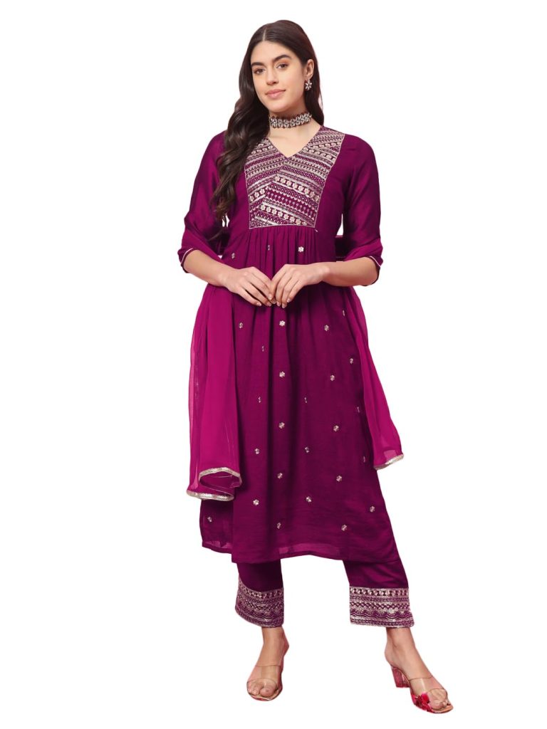 VredeVogel Women's Silk Blend Kurta Pant Set with Nazneen Embroidery Dupatta