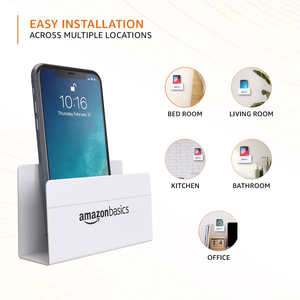 amazon basics Wall Mounted Mobile Holder Storage Case for Phones with Strong Adhesive Strips,Wall Mount Mobile Stand/Multi Purpose Stand with Hole for Phone Charging (White) - Image 7