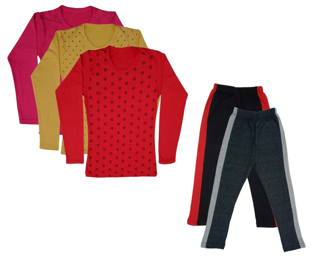 IndiWeaves Girls Cotton Full Sleeve Printed T-Shirts and Cotton Capri 3/4 Pants (Black,Dark Grey,Magenta,Yellow,Red,11-12 Years) Pack of 5