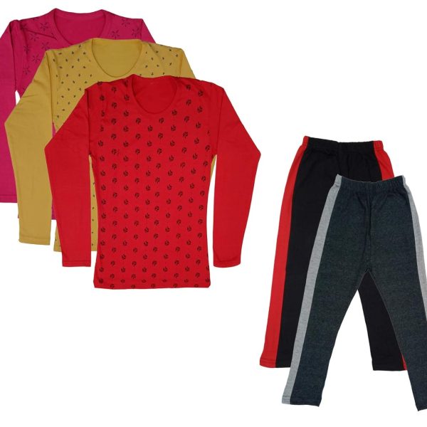 IndiWeaves Girls Cotton Full Sleeve Printed T-Shirts and Cotton Capri 3/4 Pants (Black,Dark Grey,Magenta,Yellow,Red,11-12 Years) Pack of 5