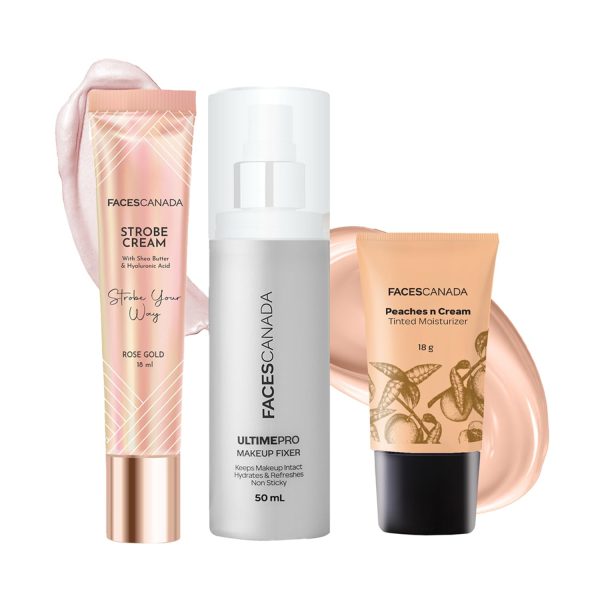 FACES CANADA Dewy All Day Combo - Strobe Cream - Rose Gold (18 ml) + Tinted Moisturizer - Light 01 (18 gm) + Ultime Pro Makeup Fixer (50 ml) |Illuminating & Glowing Makeup Base | Long Lasting Makeup Setting Spray | Tinted BB Cream