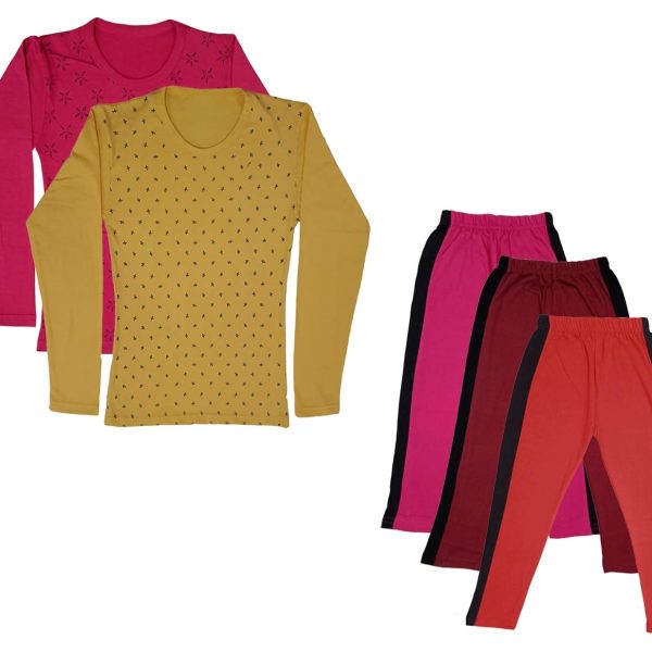 IndiWeaves Girls Cotton Full Sleeve Printed T-Shirts and Cotton Capri 3/4 Pants (Magenta,Maroon,Red,Magenta,Yellow,8-9 Years) Pack of 5