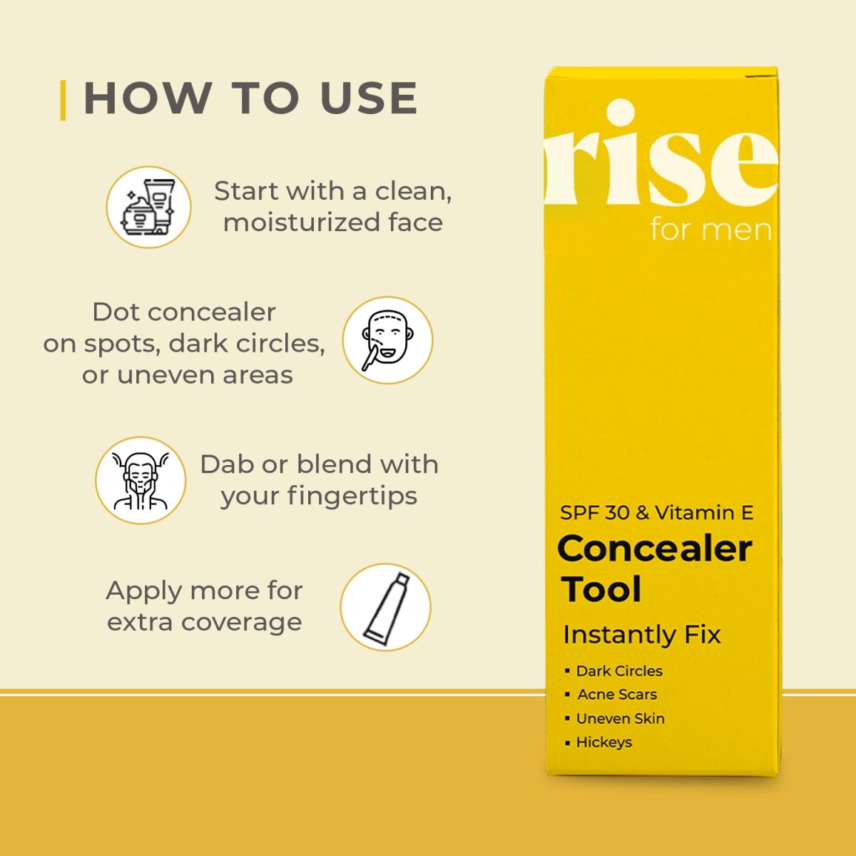 Rise for Men Concealer Tool | Covers Spots, Dark Circles, Acne Scars, & Hickeys Instantly | SPF 30 & Vitamin E | Available in 4 Shades (Light) - Image 6