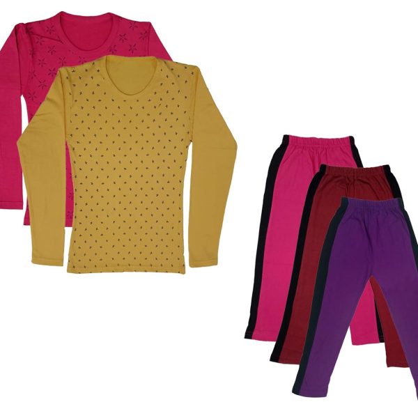 IndiWeaves Girls Cotton Full Sleeve Printed T-Shirts and Cotton Capri 3/4 Pants (Magenta,Maroon,Purple,Magenta,Yellow,8-9 Years) Pack of 5