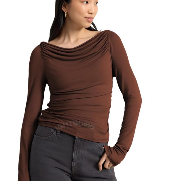 SIGHTBOMB Bare Shoulder Ruched Premium Butter Soft Feather Touch Microfiber Cuddle TEE Fullsleeve TOP for Women