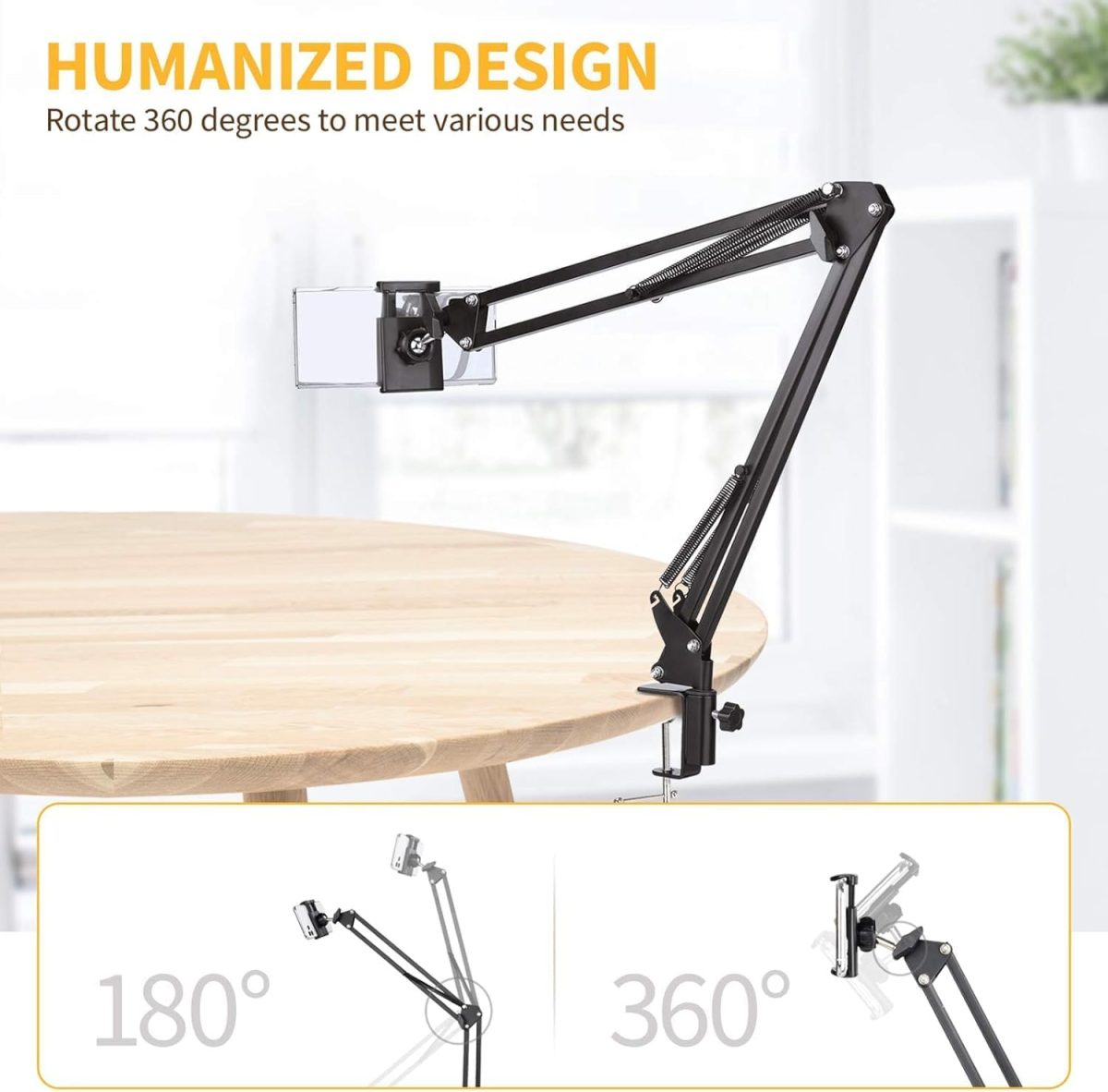 Sounce Lightweight Tabletop Stand Phone Holder, Metal Long Lazy Arm and Bracket for All Mobile for Video Recording, Streaming Video, Office, Compatible Upto 4-7 Inches [Black] - Image 4