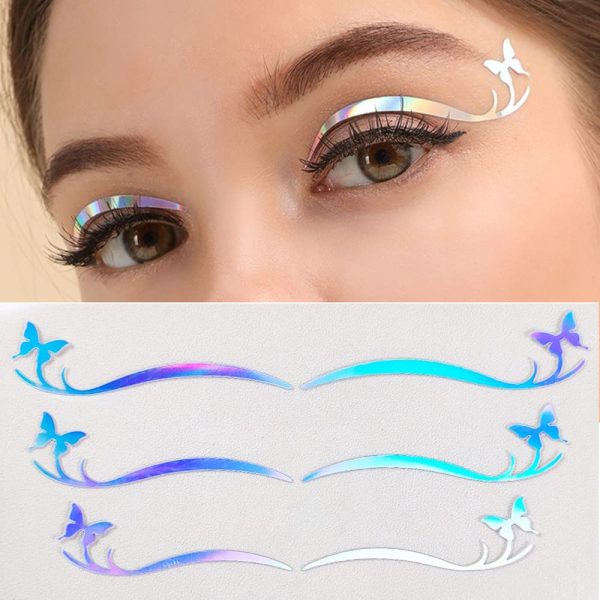 S.A.V.I 3 Pairs Holographic Silver AB, Eye Makeup, Butterfly Eyeliner Mask Self-adhesive Sticker, Trending Fashion for Women Girls Events Party Club Weddings
