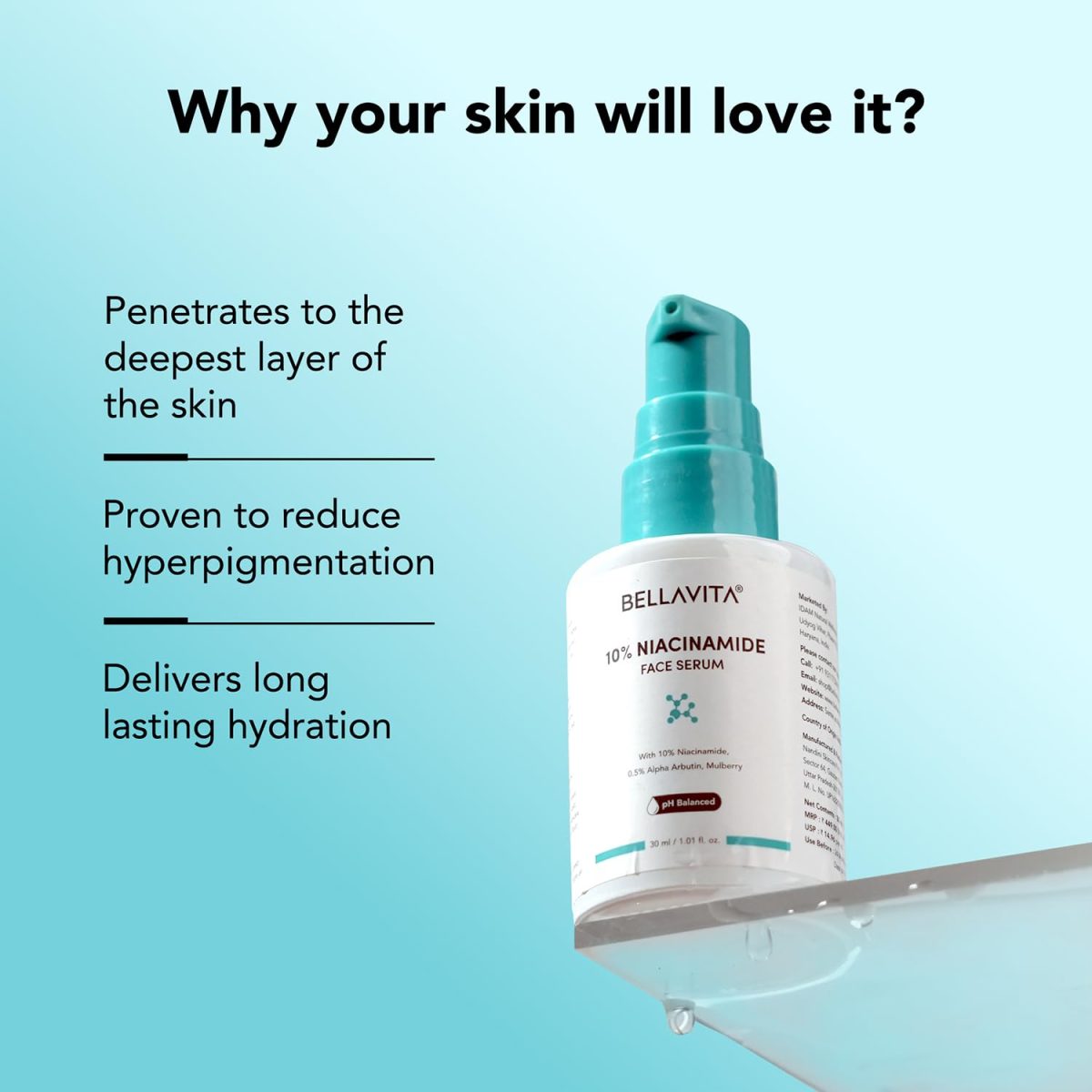BELLAVITA Niacinamide Face Serum | 10% Niacinamide, 0.5% Alpha Arbutin & Hyaluronic Acid | Treats Pigmentation | Repairs Skin Barrier | pH Balanced | Non-Irritating | Non-Sticky | Brightening Formula For Men and Women | 30 ml - Image 2