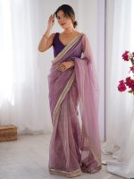AKHILAM Women's Shimmer Net Solid Saree With Unstitched Blouse Piece - Image 3