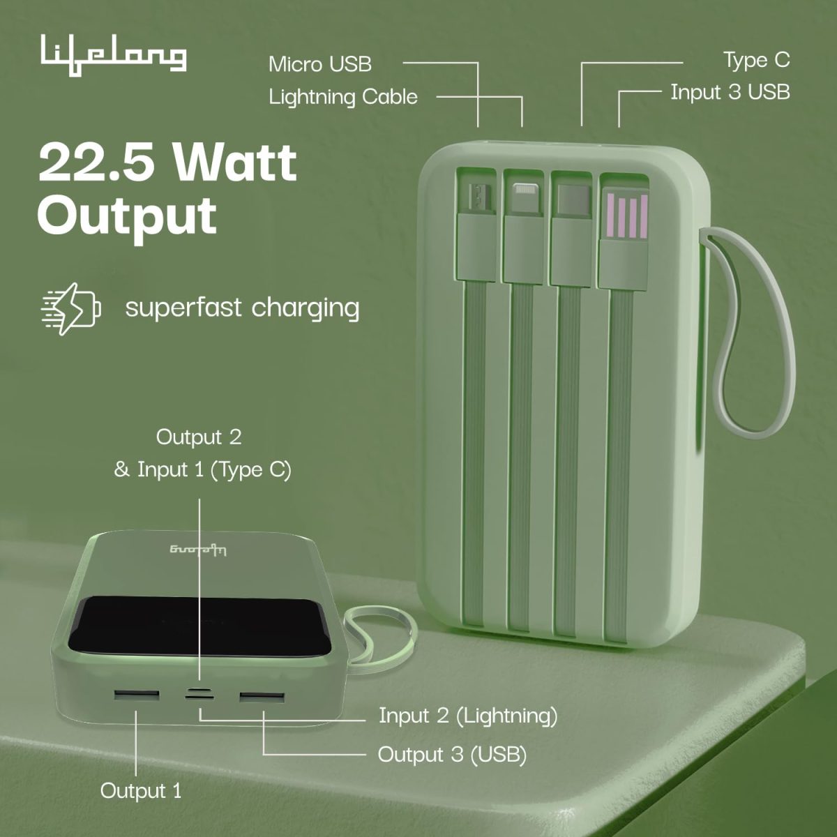 Lifelong ZenCharge 20000 mAh 22.5 W Compact Pocket Size Power Bank with 6 Input/Output Ports (Olive, Lithium Polymer, Fast Charging, Quick Charge 3.0 for Mobile, Earbuds,Speaker, Tablet) - Image 3