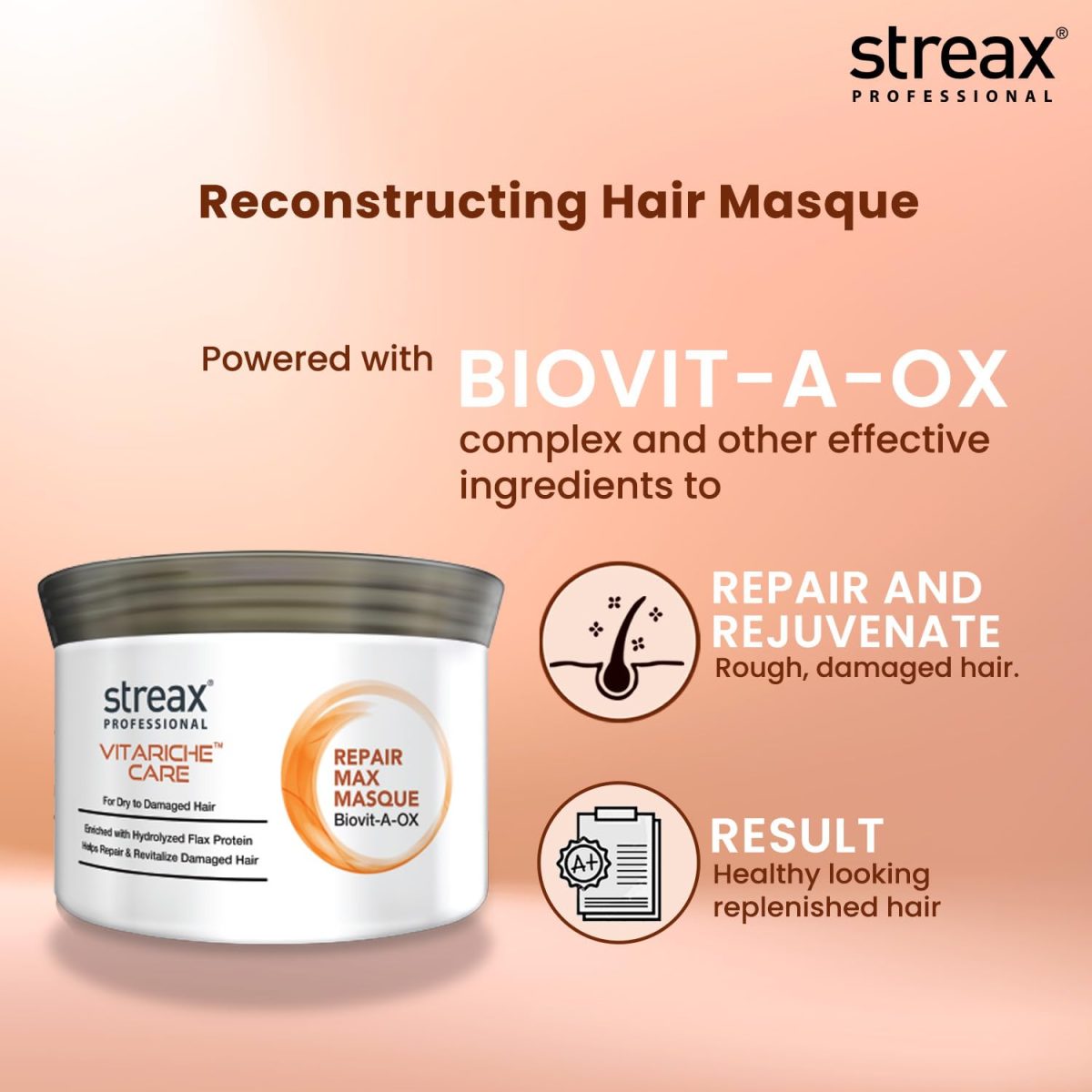 Streax Professional Vitariche Care Repair Max Hair Mask,200gm|Hair Mask for Damaged Hair|For Dry to Damaged Hair|Hair Mask/Masque for Men & Women|Conditioner for Hair|Cream Mask for Damaged Hair| Biovit-A-OX,200g - Image 9