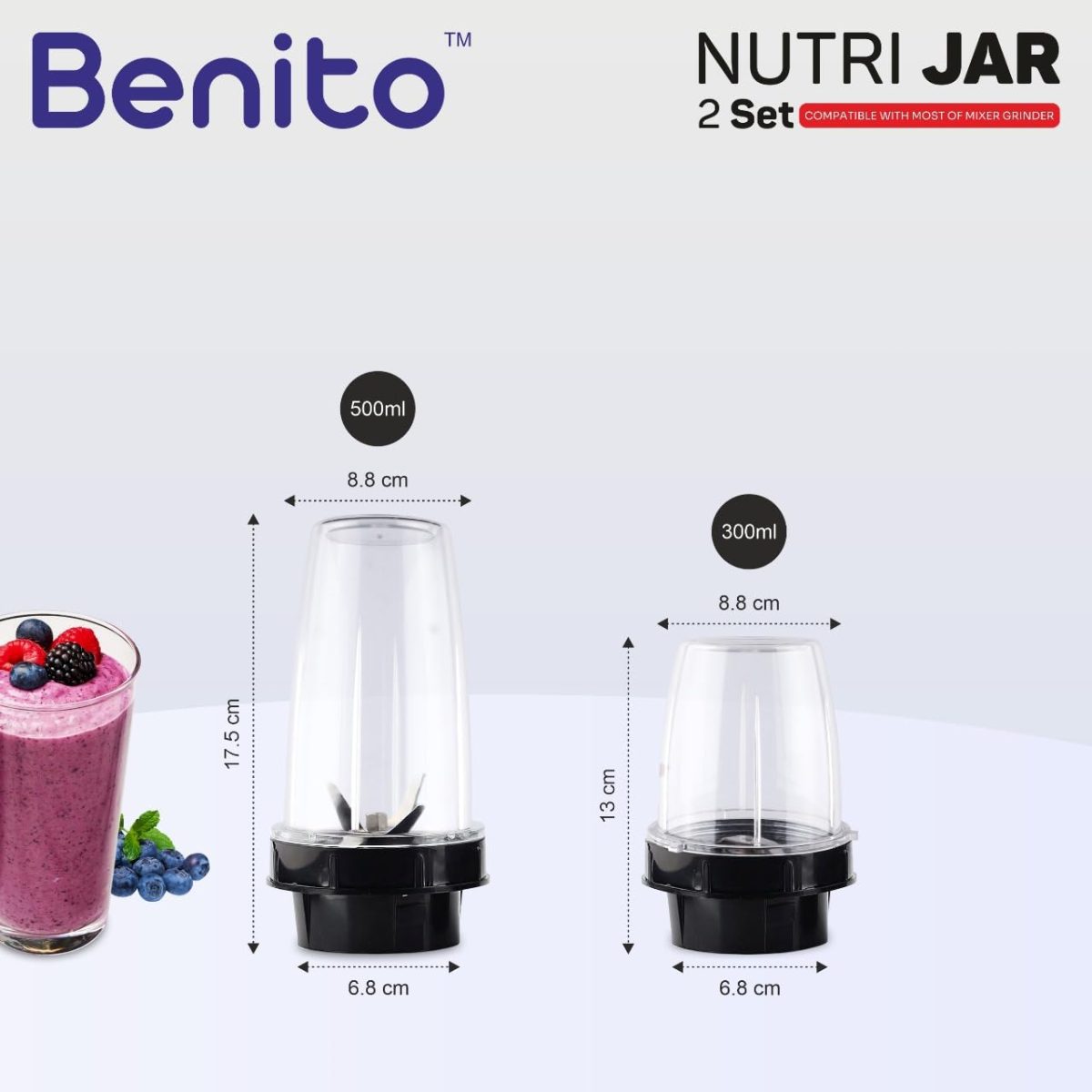 Benito NUTRI BULLET Polycarbonate 2 Jar Set (500ml & 300ml) for Mixer Grinder – Compatible with 4-Teeth Coupler & Dual Locking System - Image 2