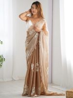 AKHILAM Women's Shimmer Organza Sequence Embroidery Saree With Unstitched Blouse Piece - Image 3