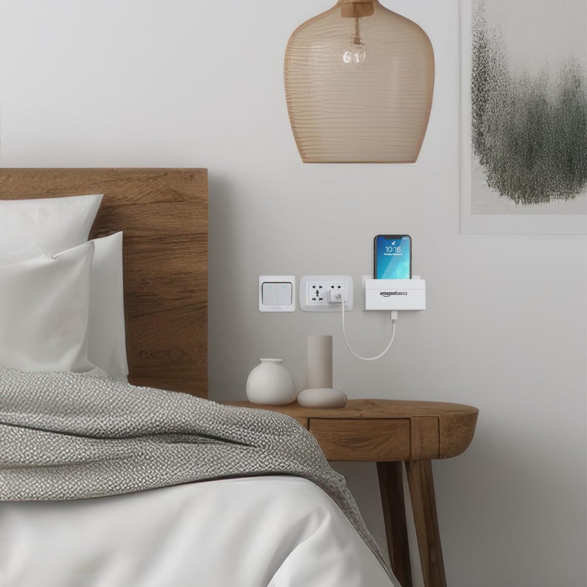 amazon basics Wall Mounted Mobile Holder Storage Case for Phones with Strong Adhesive Strips,Wall Mount Mobile Stand/Multi Purpose Stand with Hole for Phone Charging (White) - Image 5