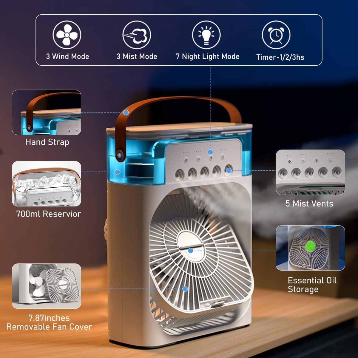 Portable Mini Cooler Fan for Room Cooling,Mini cooler ac portable air conditioners with 7 Colors LED Light, 1/2/3 H Timer, 3 Wind Speeds and 3 Spray Modes for Office, Home, Dorm, Travel - Image 2