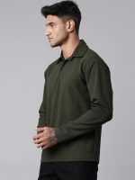 Men's Stylish Textured Full Sleeve Polo T-Shirt (Olive Green) - Image 4