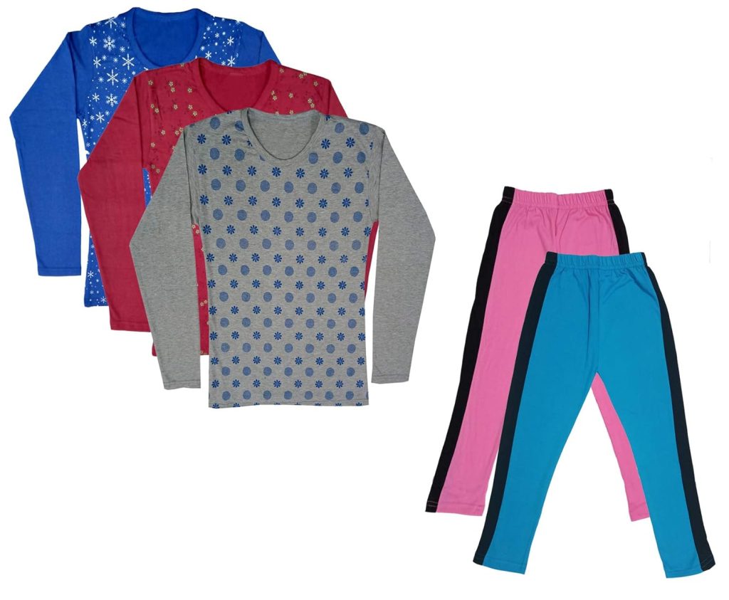 IndiWeaves Girls Cotton Full Sleeve Printed T-Shirts and Cotton Capri 3/4 Pants (Pink,Sky Blue,Blue,Maroon,Grey,12-13 Years) Pack of 5