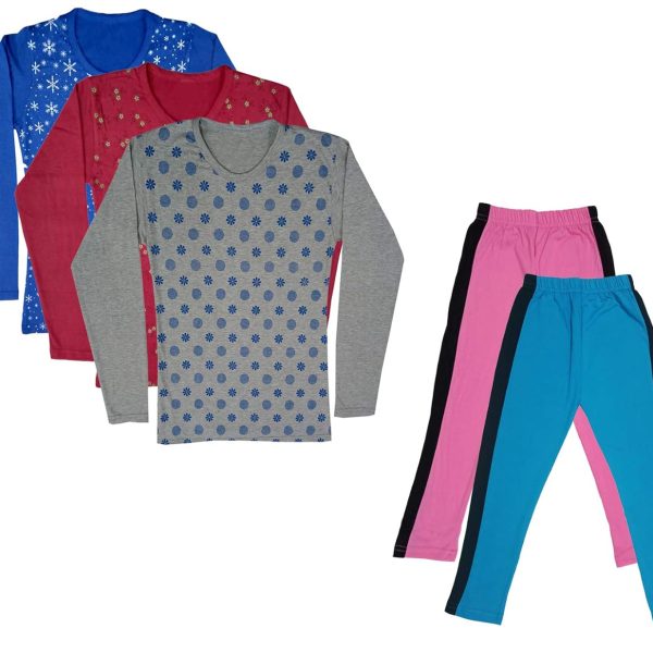 IndiWeaves Girls Cotton Full Sleeve Printed T-Shirts and Cotton Capri 3/4 Pants (Pink,Sky Blue,Blue,Maroon,Grey,12-13 Years) Pack of 5