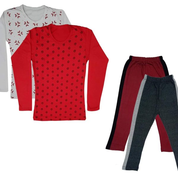 IndiWeaves Girls Cotton Full Sleeve Printed T-Shirts and Cotton Capri 3/4 Pants (Maroon,Dark Grey,White,Red,12-13 Years) Pack of 4