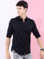 Highlander Men Cotton Solid Slim Fit Shirt (HLSH013832_Black, Large - Image 4