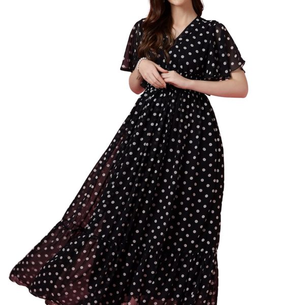 Sheetal Associates Women's Fit and Flare Polka Print Georgette Flared Sleeve Casual Dress