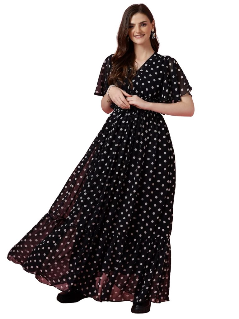 Sheetal Associates Women's Fit and Flare Polka Print Georgette Flared Sleeve Casual Dress